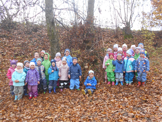 Eine Gruppe von Kindern, die in einem Wald stehen
